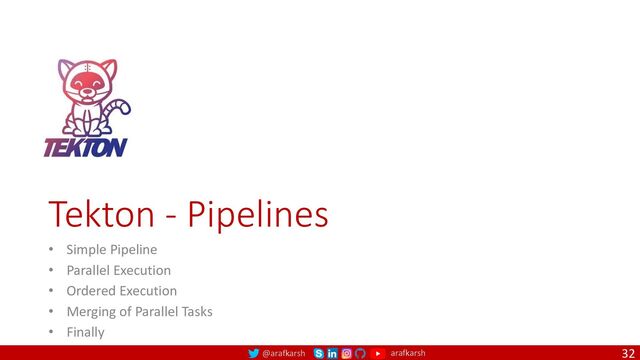 @arafkarsh arafkarsh
Tekton - Pipelines
• Simple Pipeline
• Parallel Execution
• Ordered Execution
• Merging of Parallel Tasks
• Finally
32
