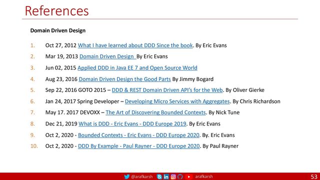@arafkarsh arafkarsh
References
53
Domain Driven Design
1. Oct 27, 2012 What I have learned about DDD Since the book. By Eric Evans
2. Mar 19, 2013 Domain Driven Design By Eric Evans
3. Jun 02, 2015 Applied DDD in Java EE 7 and Open Source World
4. Aug 23, 2016 Domain Driven Design the Good Parts By Jimmy Bogard
5. Sep 22, 2016 GOTO 2015 – DDD & REST Domain Driven API’s for the Web. By Oliver Gierke
6. Jan 24, 2017 Spring Developer – Developing Micro Services with Aggregates. By Chris Richardson
7. May 17. 2017 DEVOXX – The Art of Discovering Bounded Contexts. By Nick Tune
8. Dec 21, 2019 What is DDD - Eric Evans - DDD Europe 2019. By Eric Evans
9. Oct 2, 2020 - Bounded Contexts - Eric Evans - DDD Europe 2020. By. Eric Evans
10. Oct 2, 2020 - DDD By Example - Paul Rayner - DDD Europe 2020. By Paul Rayner
