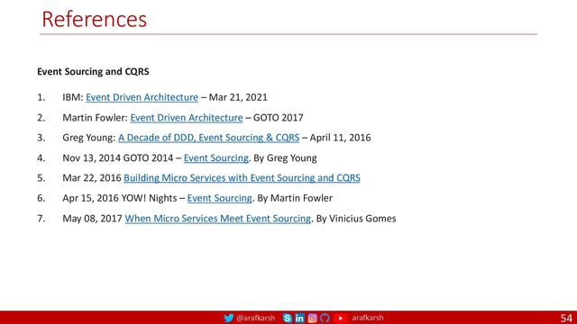 @arafkarsh arafkarsh
References
54
Event Sourcing and CQRS
1. IBM: Event Driven Architecture – Mar 21, 2021
2. Martin Fowler: Event Driven Architecture – GOTO 2017
3. Greg Young: A Decade of DDD, Event Sourcing & CQRS – April 11, 2016
4. Nov 13, 2014 GOTO 2014 – Event Sourcing. By Greg Young
5. Mar 22, 2016 Building Micro Services with Event Sourcing and CQRS
6. Apr 15, 2016 YOW! Nights – Event Sourcing. By Martin Fowler
7. May 08, 2017 When Micro Services Meet Event Sourcing. By Vinicius Gomes
