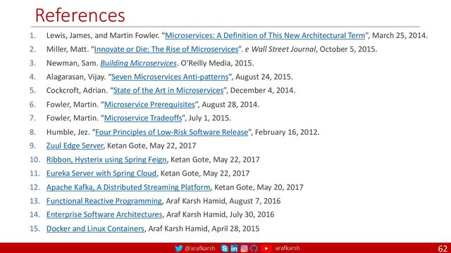 @arafkarsh arafkarsh
References
62
1. Lewis, James, and Martin Fowler. “Microservices: A Definition of This New Architectural Term”, March 25, 2014.
2. Miller, Matt. “Innovate or Die: The Rise of Microservices”. e Wall Street Journal, October 5, 2015.
3. Newman, Sam. Building Microservices. O’Reilly Media, 2015.
4. Alagarasan, Vijay. “Seven Microservices Anti-patterns”, August 24, 2015.
5. Cockcroft, Adrian. “State of the Art in Microservices”, December 4, 2014.
6. Fowler, Martin. “Microservice Prerequisites”, August 28, 2014.
7. Fowler, Martin. “Microservice Tradeoffs”, July 1, 2015.
8. Humble, Jez. “Four Principles of Low-Risk Software Release”, February 16, 2012.
9. Zuul Edge Server, Ketan Gote, May 22, 2017
10. Ribbon, Hysterix using Spring Feign, Ketan Gote, May 22, 2017
11. Eureka Server with Spring Cloud, Ketan Gote, May 22, 2017
12. Apache Kafka, A Distributed Streaming Platform, Ketan Gote, May 20, 2017
13. Functional Reactive Programming, Araf Karsh Hamid, August 7, 2016
14. Enterprise Software Architectures, Araf Karsh Hamid, July 30, 2016
15. Docker and Linux Containers, Araf Karsh Hamid, April 28, 2015
