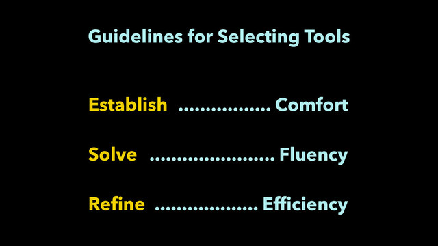 Establish
!
Solve
!
Reﬁne
................. Comfort
!
....................... Fluency
!
................... Efﬁciency
Guidelines for Selecting Tools
