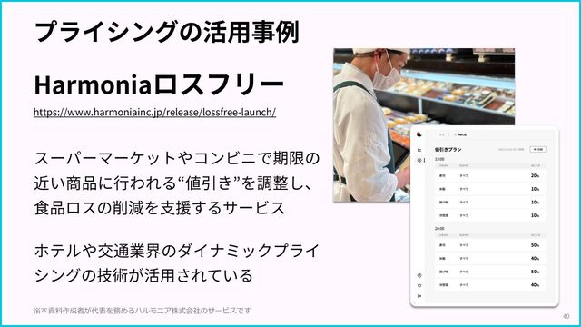プライシングの活⽤事例
Harmoniaロスフリー
https://www.harmoniainc.jp/release/lossfree-launch/
40
※本資料作成者が代表を務めるハルモニア株式会社のサービスです
