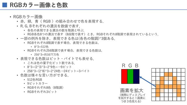 RGBカラー画像と⾊数
• RGBカラー画像
• ⾚，緑，⻘（ RGB ）の組み合わせで⾊を表現する．
• R, G, Bそれぞれの濃淡を数値で表す．
• 各⾊の表現できる濃淡の数を階調と呼ぶ．
• RGB各⾊8つの濃淡で表す（8段階で表す）とき，RGBそれぞれ8階調で表現されているという．
• ⼀部の例外を除き，表現できる⾊は(各⾊の階調)^3個ある．
• RGBそれぞれ8階調で表す場合，表現できる⾊数は，
• 8^3=512⾊
• RGBそれぞれ256階調で表す場合，表現できる⾊数は，
• 256^3=約1677万⾊
• 表現できる⾊数はビット・バイトでも表せる．
• これは⾊の量⼦化ビット数である．
• 8^3=(2^3)^3=2^9⾊=→9ビット
• 256^3=(2^8)^3=2^24⾊→24ビット=3バイト
• ⾊数は様々な⾔い⽅ができる．
• 512⾊RGB
• 9ビットカラー
• RGBそれぞれ8⾊（8階調）
• RGBそれぞれ3ビット
3(#
ըૉΛ֦େ
ʢ࣮ࡍʹσΟεϓϨΠ
Λ֦େ͢Δͱ̍ըૉʹ
͖ͭ̏৭ݟ͑Δʣ
