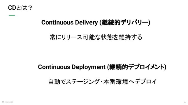 50
とは？
Continuous Deployment (継続的デプロイメント)
自動でステージング・本番環境へデプロイ
Continuous Delivery (継続的デリバリー)
常にリリース可能な状態を維持する
