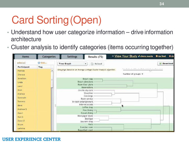 Card Sorting (Open)
34
• Understand how user categorize information – drive information
architecture
• Cluster analysis to identify categories (items occurring together)
