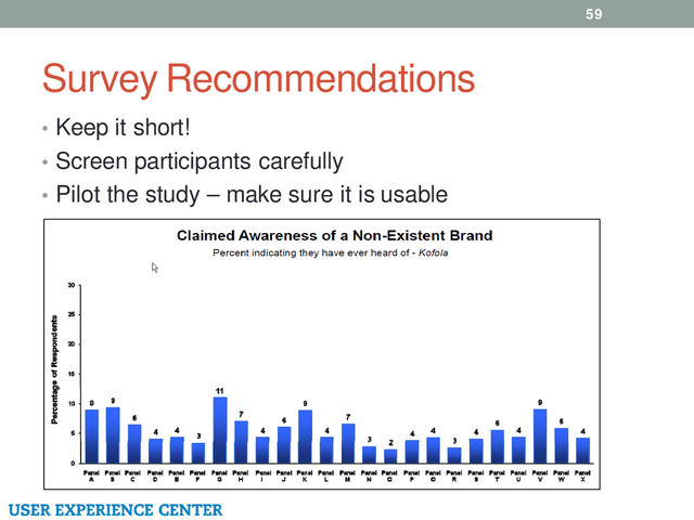 Survey Recommendations
59
• Keep it short!
• Screen participants carefully
• Pilot the study – make sure it is usable
