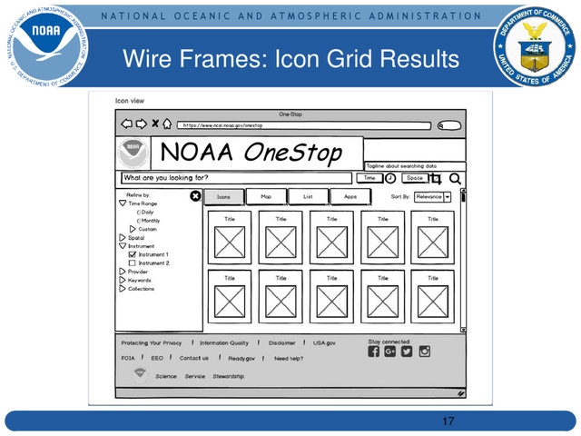 N A T I O N A L O C E A N I C A N D A T M O S P H E R I C A D M I N I S T R A T I O N
Wire Frames: Icon Grid Results
17
NOAA OneStop
https://www.ncei.noaa.gov/onestop
