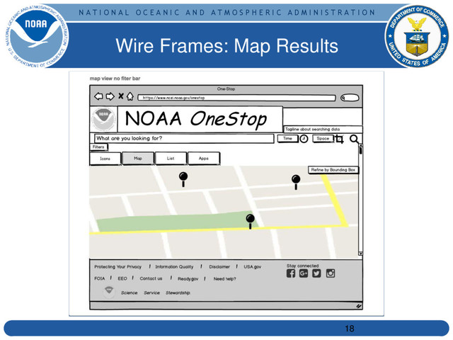N A T I O N A L O C E A N I C A N D A T M O S P H E R I C A D M I N I S T R A T I O N
NOAA OneStop
https://www.ncei.noaa.gov/onestop
Wire Frames: Map Results
18

