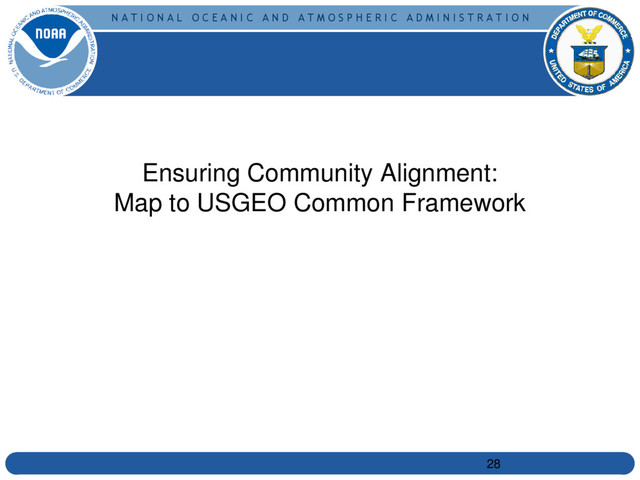 N A T I O N A L O C E A N I C A N D A T M O S P H E R I C A D M I N I S T R A T I O N
Ensuring Community Alignment:
Map to USGEO Common Framework
28
