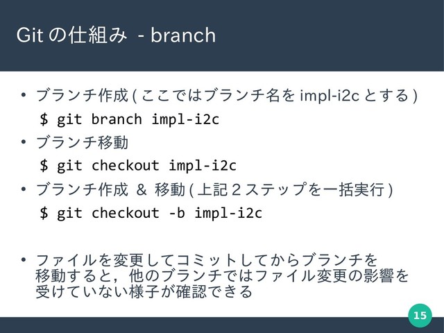 15
Git の仕組み - branch
●
ブランチ作成 ( ここではブランチ名を impl-i2c とする )
●
ブランチ移動
●
ブランチ作成 & 移動 ( 上記 2 ステップを一括実行 )
●
ファイルを変更してコミットしてからブランチを
移動すると，他のブランチではファイル変更の影響を
受けていない様子が確認できる
$ git branch impl-i2c
$ git checkout -b impl-i2c
$ git checkout impl-i2c
