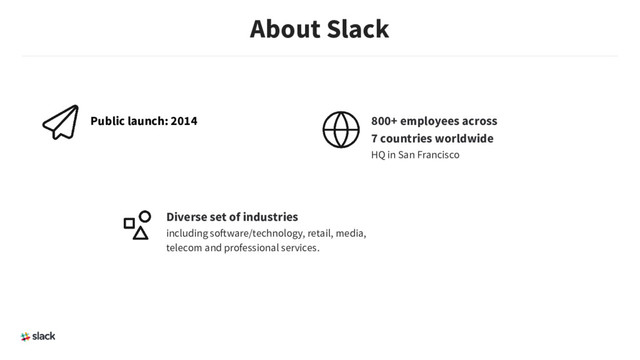 Public launch: 2014 800+ employees across
7 countries worldwide
HQ in San Francisco
Diverse set of industries
including software/technology, retail, media,
telecom and professional services.
About Slack
