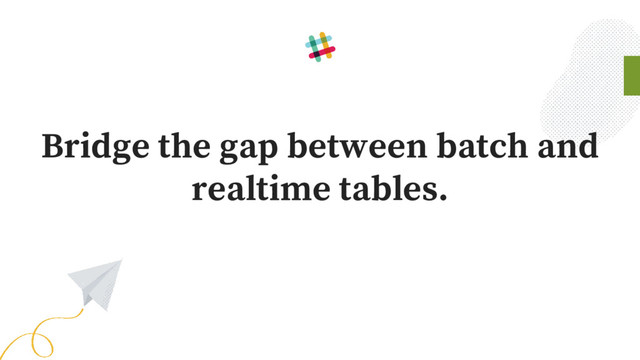 Bridge the gap between batch and
realtime tables.
