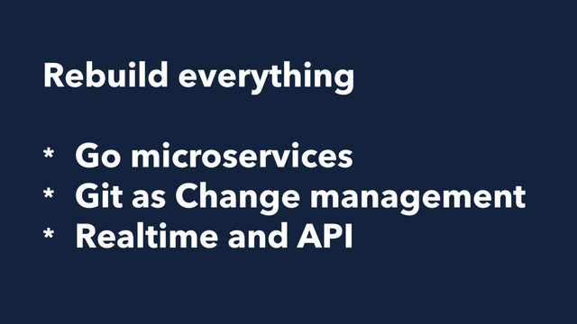 Rebuild everything
* Go microservices
* Git as Change management
* Realtime and API
