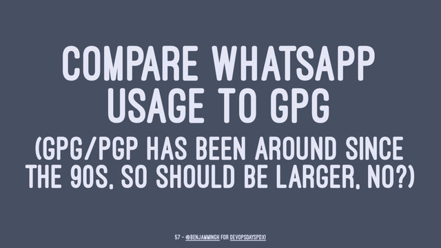 COMPARE WHATSAPP
USAGE TO GPG
(GPG/PGP HAS BEEN AROUND SINCE
THE 90S, SO SHOULD BE LARGER, NO?)
57 — @benjammingh for DevOpsDaysPDX!
