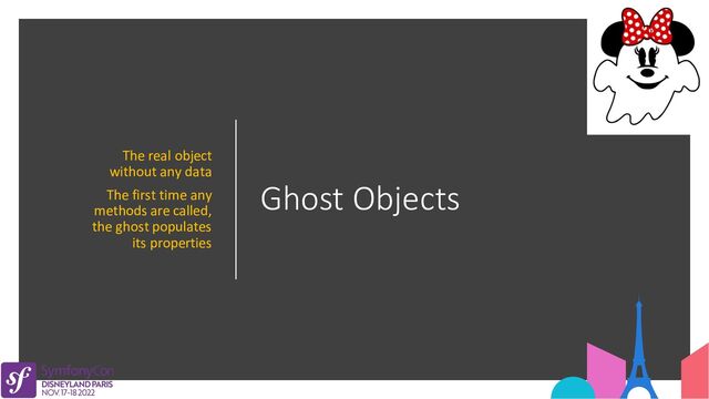 Ghost Objects
The real object
without any data
The first time any
methods are called,
the ghost populates
its properties
