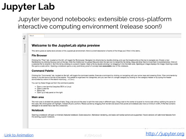 #JSM2016
Jake VanderPlas
Jupyter Lab
Jupyter beyond notebooks: extensible cross-platform
interactive computing environment (release soon!)
http://jupyter.org
Link to Animation
