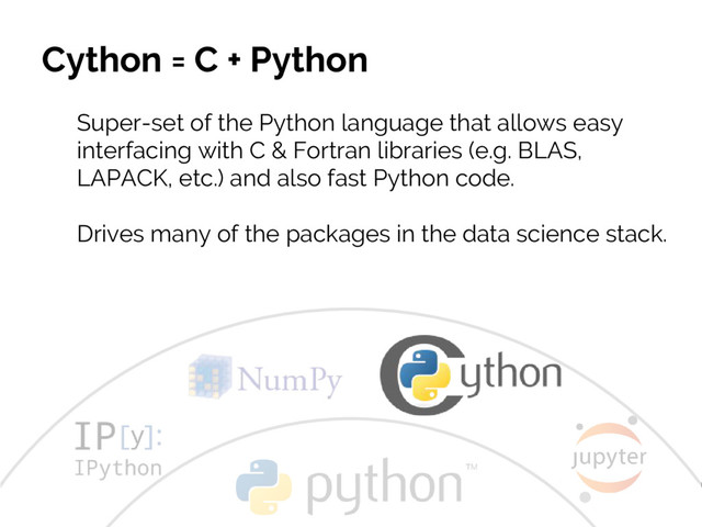 #JSM2016
Jake VanderPlas
Cython = C + Python
Super-set of the Python language that allows easy
interfacing with C & Fortran libraries (e.g. BLAS,
LAPACK, etc.) and also fast Python code.
Drives many of the packages in the data science stack.
