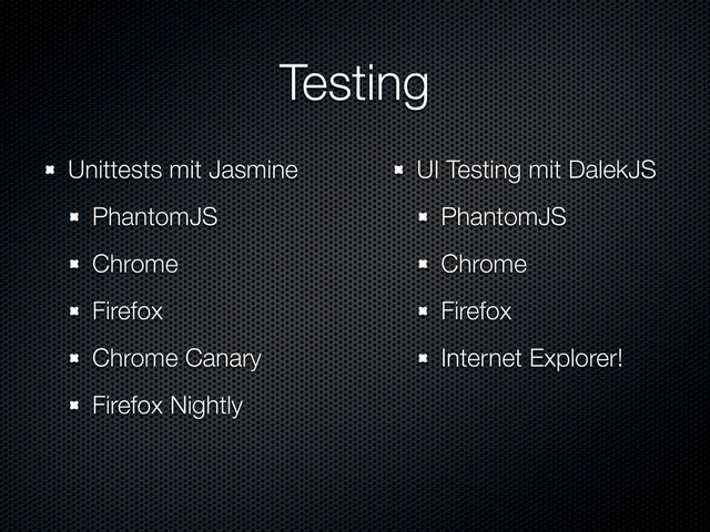 Testing
Unittests mit Jasmine
PhantomJS
Chrome
Firefox
Chrome Canary
Firefox Nightly
UI Testing mit DalekJS
PhantomJS
Chrome
Firefox
Internet Explorer!
