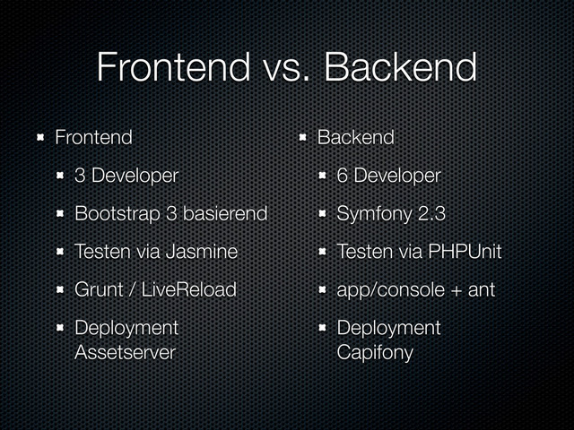 Frontend vs. Backend
Frontend
3 Developer
Bootstrap 3 basierend
Testen via Jasmine
Grunt / LiveReload
Deployment
Assetserver
Backend
6 Developer
Symfony 2.3
Testen via PHPUnit
app/console + ant
Deployment
Capifony
