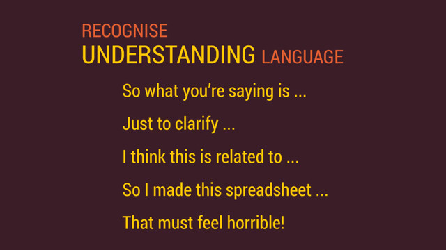 RECOGNISE
UNDERSTANDING LANGUAGE
So what you’re saying is ...
Just to clarify ...
I think this is related to ...
So I made this spreadsheet ...
That must feel horrible!
