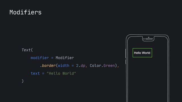 Modifiers
Hello World
Text(

modifier = Modifier

.border(width = 2.dp, Color.Green),

text = "Hello World"

)

