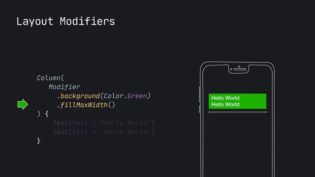 Layout Modifiers
Column(
 
Modifier

.background(Color.Green)

.fillMaxWidth()

) {

Text(text = “Hello World”)

Text(text = "Hello World")

}

Hello World
Hello World
