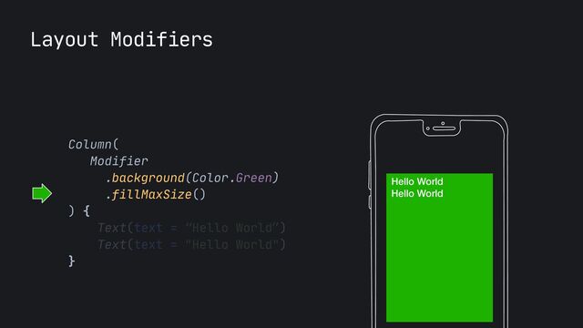 Layout Modifiers
Column(
 
Modifier

.background(Color.Green)

.fillMaxSize()

) {

Text(text = “Hello World”)

Text(text = "Hello World")

}

Hello World
Hello World
