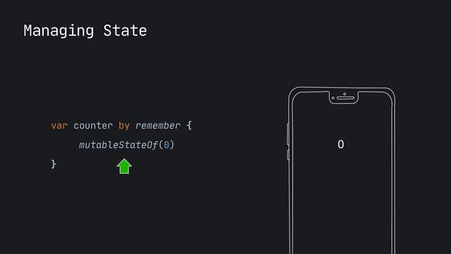 Managing State
0
var counter by remember { 

mutableStateOf(0) 

}
