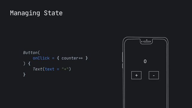 Managing State
0
+ -
Button(

onClick = { counter
++
}

) {

Text(text = "+")

}

