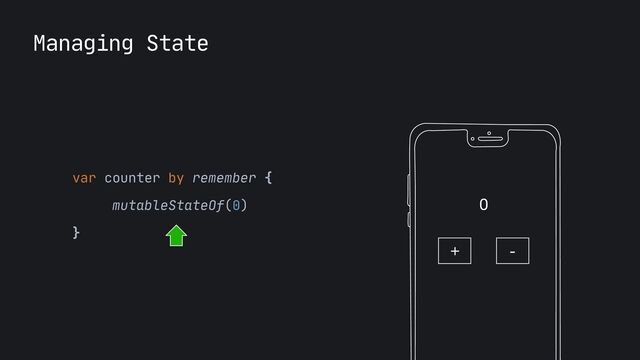 Managing State
0
var counter by remember { 

mutableStateOf(0) 

}
+ -
