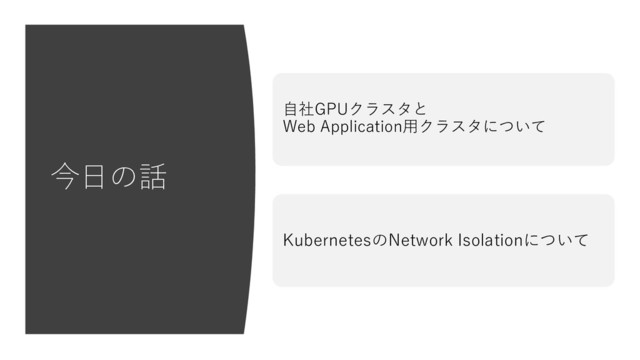今⽇の話
⾃社GPUクラスタと
Web Application⽤クラスタについて
KubernetesのNetwork Isolationについて
