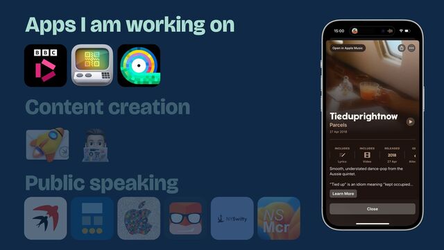 Content creation
Apps I am working on
Public speaking
