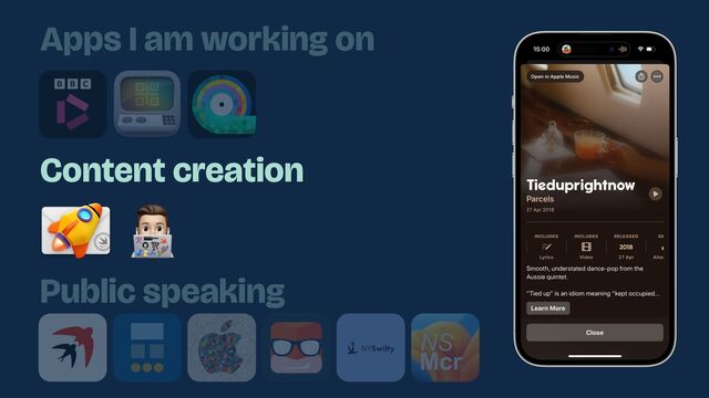 Content creation
Apps I am working on
Public speaking
