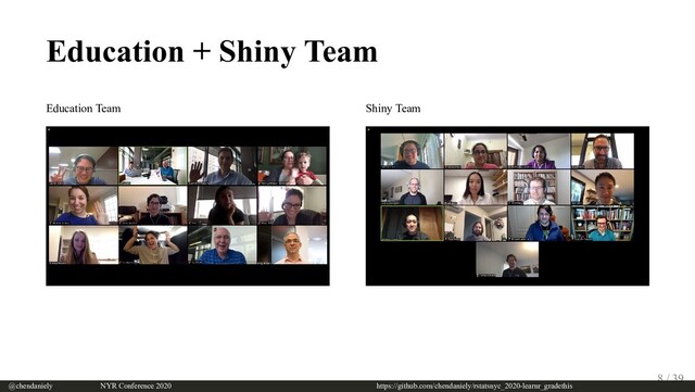 Education Team Shiny Team
Education + Shiny Team
@chendaniely       NYR Conference 2020                             https://github.com/chendaniely/rstatsnyc_2020-learnr_gradethis
8 / 39
