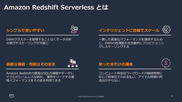 © 2022, Amazon Web Services, Inc. or its affiliates.
Amazon Redshift Serverless とは
DWHクラスターを管理することなくデータ分析
の実⾏やスケーリングが可能に
シンプルで使いやすい
⼀貫した⾼速なパフォーマンスを提供するため
に、DWHの処理能⼒を⾃動的にプロビジョニン
グしスケーリングする
インテリジェントに⾃動でスケール
Amazon Redshiftの豊富なSQLの機能やデータレ
イクとのシームレスな統合、 業界をリードする価
格パフォーマンスをそのまま利⽤できる
⾼度な機能・性能はそのまま
コンピュート料⾦はワークロードの継続時間に
応じて秒単位でのお⽀払い、アイドル時間の料
⾦はかからない
使った分だけの課⾦
16
