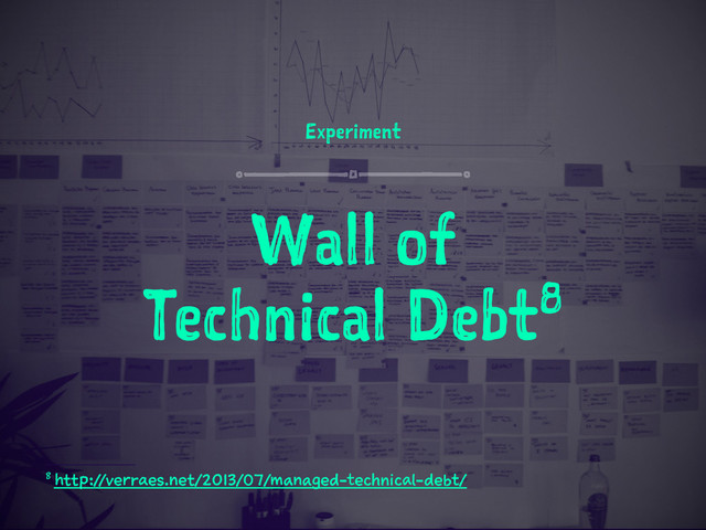 Experiment
Wall of
Technical Debt8
8 http://verraes.net/2013/07/managed-technical-debt/
