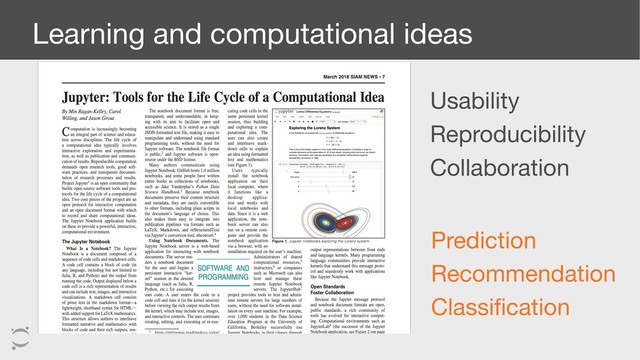 Learning and computational ideas
Usability

Reproducibility

Collaboration
Prediction

Recommendation

Classification

