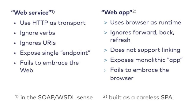 “Web service”1)
• Use HTTP as transport
• Ignore verbs
• Ignores URIs
• Expose single “endpoint”
• Fails to embrace the
Web
1) in the SOAP/WSDL sense
“Web app”2)
> Uses browser as runtime
> Ignores forward, back,
refresh
> Does not support linking
> Exposes monolithic “app”
> Fails to embrace the
browser
2) built as a careless SPA

