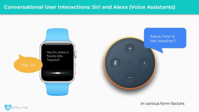 @ girlie_mac
Conversational User Interactions: Siri and Alexa (Voice Assistants)
Alexa, how is
the weather?
Hey Siri
In various form-factors
