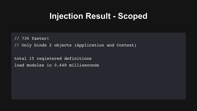 Injection Result - Scoped
// 73% faster!
// Only binds 2 objects (Application and Context)
total 15 registered definitions
load modules in 0.448 milliseconds
