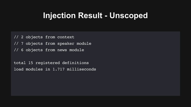 Injection Result - Unscoped
// 2 objects from context
// 7 objects from speaker module
// 6 objects from news module
total 15 registered definitions
load modules in 1.717 milliseconds
