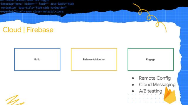 Cloud | Firebase
Engage
● Remote Config
● Cloud Messaging
● A/B testing
Build Release & Monitor
