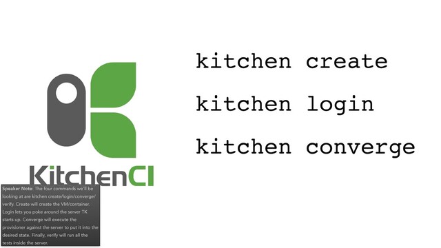Speaker Note: The four commands we’ll be
looking at are kitchen create/login/converge/
verify. Create will create the VM/container.
Login lets you poke around the server TK
starts up. Converge will execute the
provisioner against the server to put it into the
desired state. Finally, verify will run all the
tests inside the server.
kitchen converge
kitchen login
kitchen create
