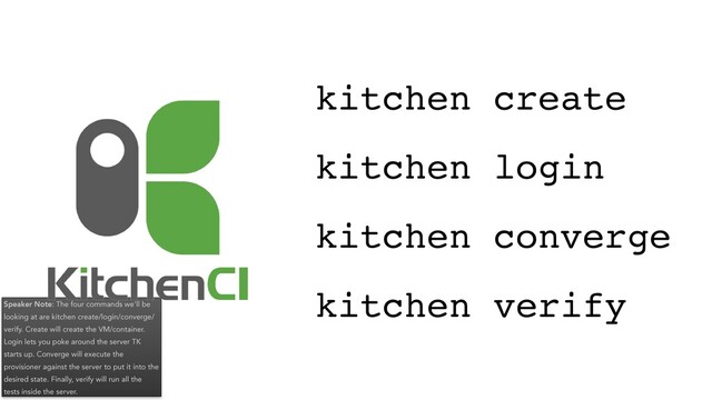 Speaker Note: The four commands we’ll be
looking at are kitchen create/login/converge/
verify. Create will create the VM/container.
Login lets you poke around the server TK
starts up. Converge will execute the
provisioner against the server to put it into the
desired state. Finally, verify will run all the
tests inside the server.
kitchen converge
kitchen verify
kitchen login
kitchen create
