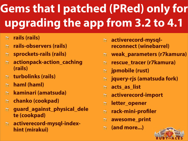 Gems that I patched (PRed) only for
upgrading the app from 3.2 to 4.1
 rails (rails)
 rails-observers (rails)
 sprockets-rails (rails)
 actionpack-action_caching
(rails)
 turbolinks (rails)
 haml (haml)
 kaminari (amatsuda)
 chanko (cookpad)
 guard_against_physical_dele
te (cookpad)
 activerecord-mysql-index-
hint (mirakui)
 activerecord-mysql-
reconnect (winebarrel)
 weak_parameters (r7kamura)
 rescue_tracer (r7kamura)
 jpmobile (rust)
 jquery-rjs (amatsuda fork)
 acts_as_list
 activerecord-import
 letter_opener
 rack-mini-pro ler
 awesome_print
 (and more...)

