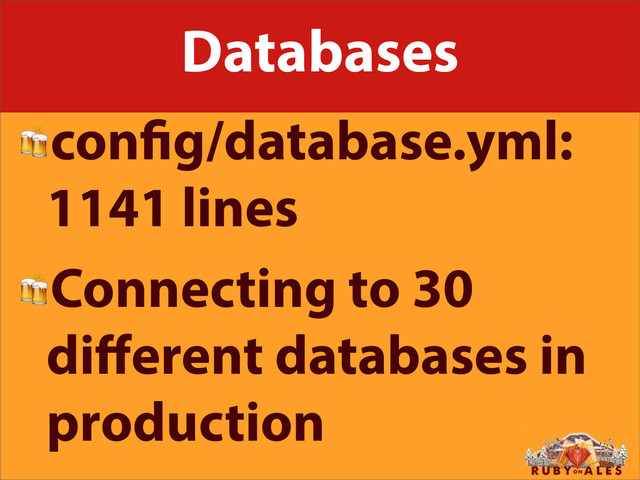 Databases
con g/database.yml:
1141 lines
Connecting to 30
diﬀerent databases in
production
