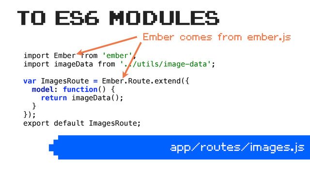 import Ember from 'ember'; 
import imageData from '../utils/image-data'; 
 
var ImagesRoute = Ember.Route.extend({ 
model: function() { 
return imageData(); 
} 
});
export default ImagesRoute;
app/routes/images.js
to ES6 Modules
Ember comes from ember.js
