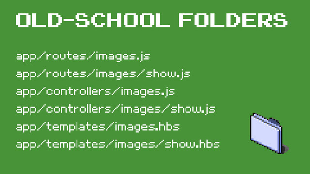 app/routes/images.js
app/routes/images/show.js
app/controllers/images.js
app/controllers/images/show.js
app/templates/images.hbs
app/templates/images/show.hbs
old-school folders
