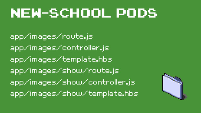 app/images/route.js
app/images/controller.js
app/images/template.hbs
app/images/show/route.js
app/images/show/controller.js
app/images/show/template.hbs
New-school Pods
