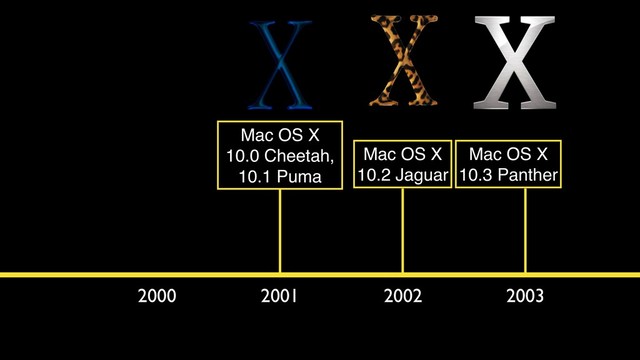 2000 2001 2002 2003
Mac OS X
10.0 Cheetah,
10.1 Puma
Mac OS X
10.2 Jaguar
Mac OS X
10.3 Panther
